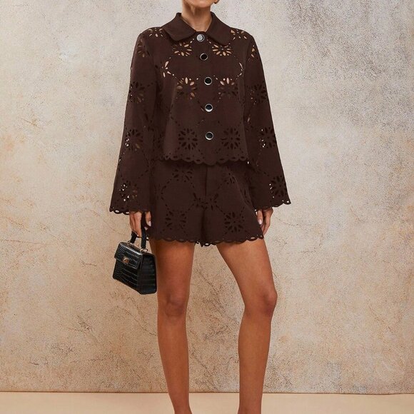 Brown Women's Hollow Out Button Front Top And Shorts Set - Picture 1 of 6